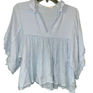 Blue Batwing Sleeve Corset Top Women Frayed Waist Ruffle V Neck Trendy Blouse SM